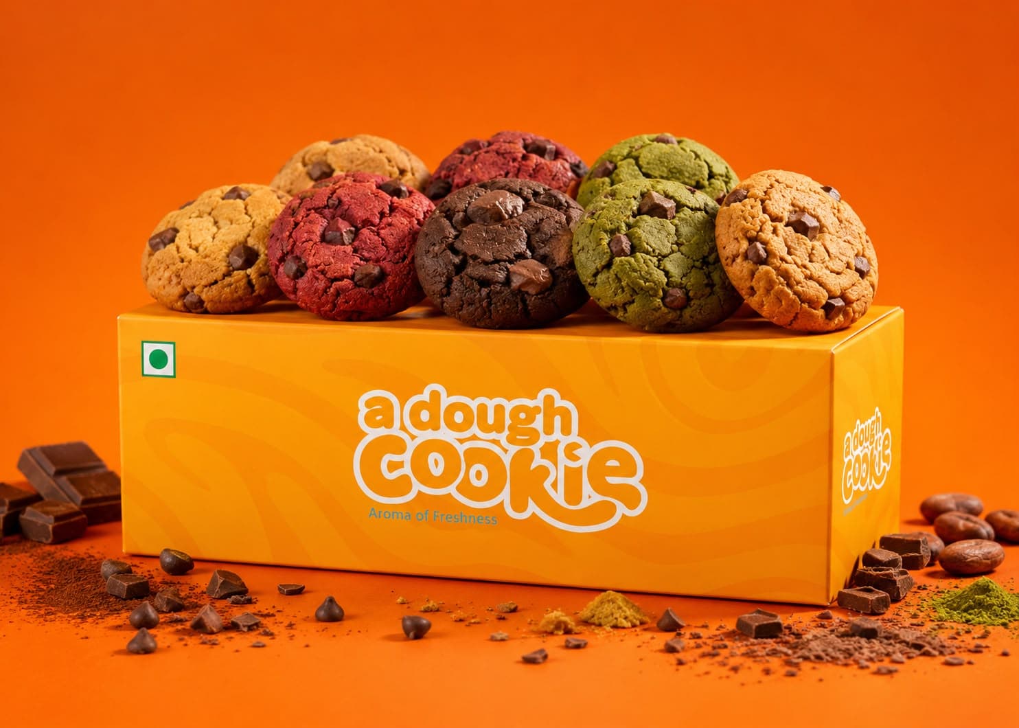 A box of eight a dough cookie cookies in mixed flavours