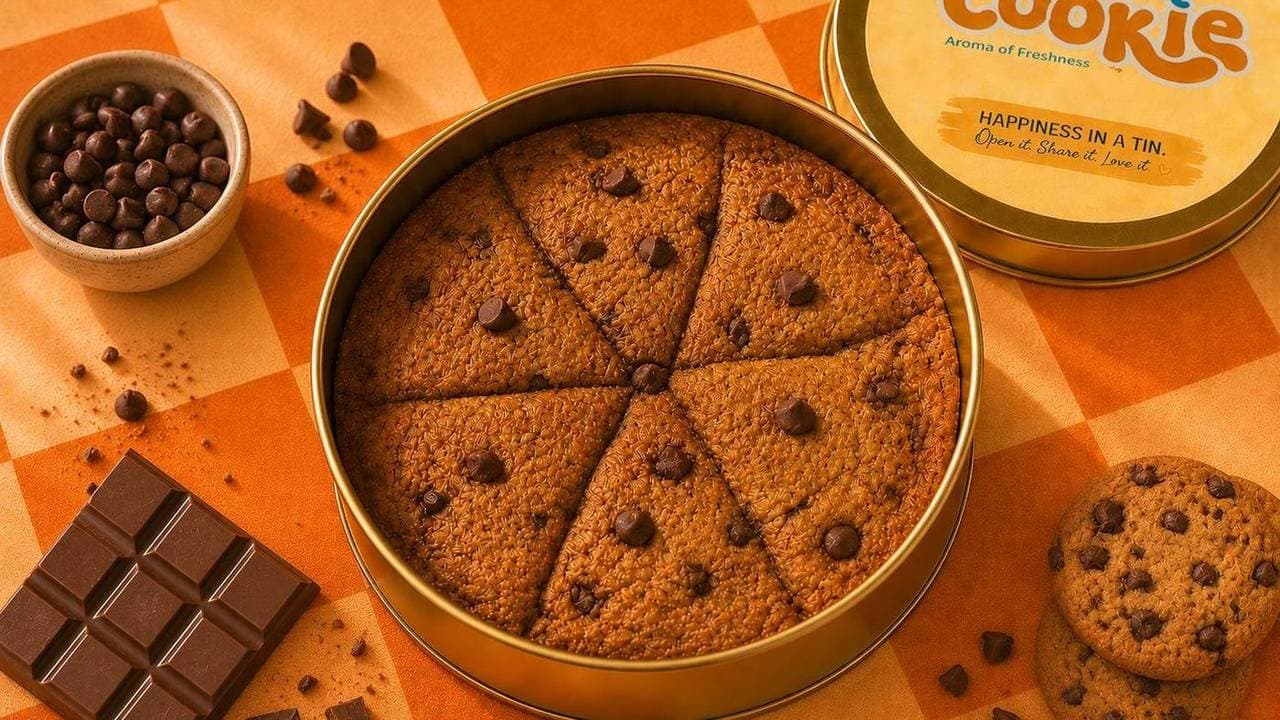 Chocolate chip cookie tin cut into slices, next to a bar of chocolate and loose chocolate chips