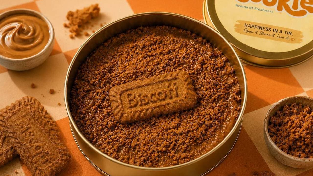 Biscoff cookie tin with Lotus Biscoff biscuits, ready to be given as a gift