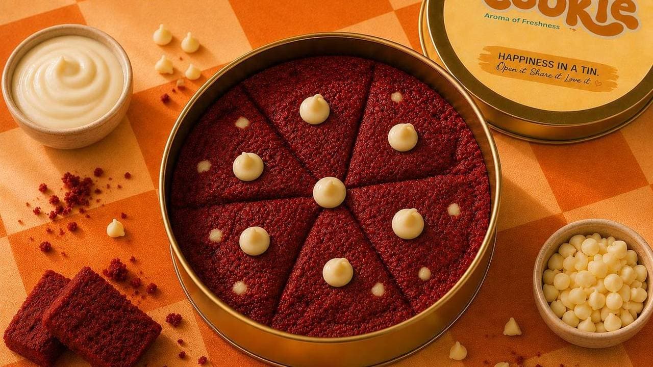 Red velvet cookie tin cut into slices, with cream cheese on top