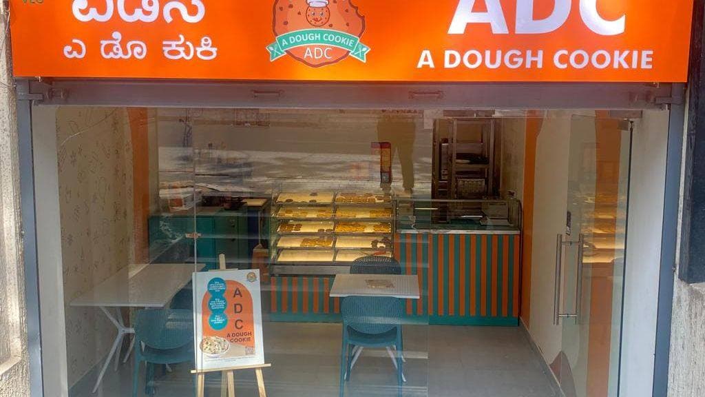 A Dough Cookie shop front in Bengaluru, with the Kannada and English sign above the door